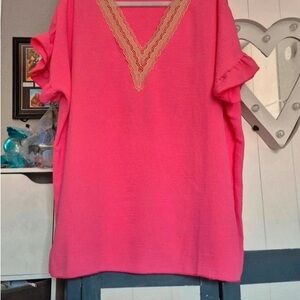 ASOS Bright Pink Blouse with Beige Lace Detail